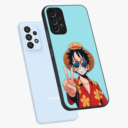 Luffy Summer Anime Vibe Glass Case displayed in angled mockup highlighting energetic anime illustration with summer vibe aesthetic.