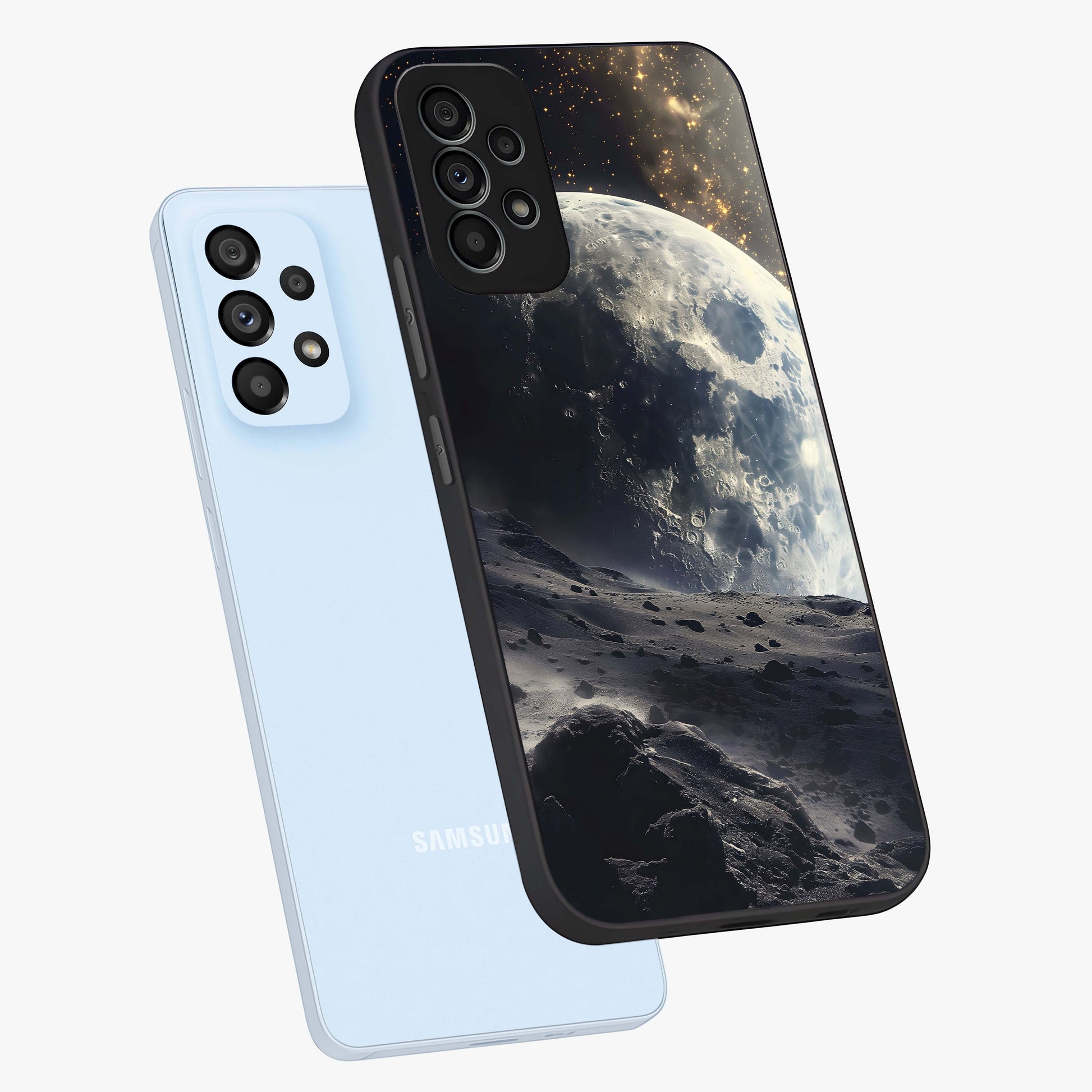 Lunar Horizon Glow Glass Case displayed in angled mockup highlighting celestial moon design with dreamy night aesthetic.