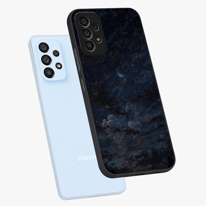Lunar Veil Silence Glass Case displayed in angled mockup highlighting soft lunar design with peaceful celestial aesthetic.