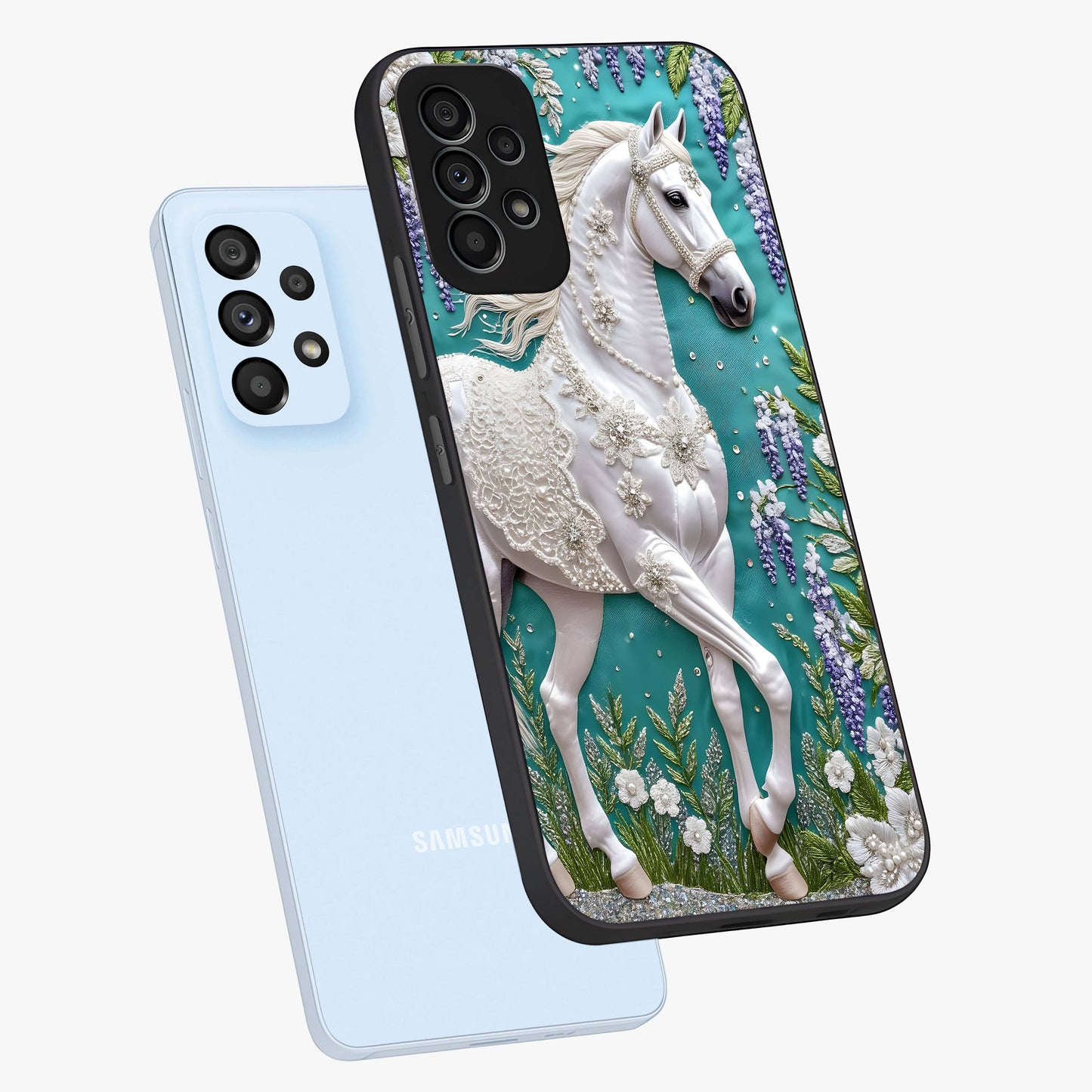 Majestic Floral Stallion Glass Case displayed in angled mockup highlighting majestic stallion illustration with elegant floral aesthetic.