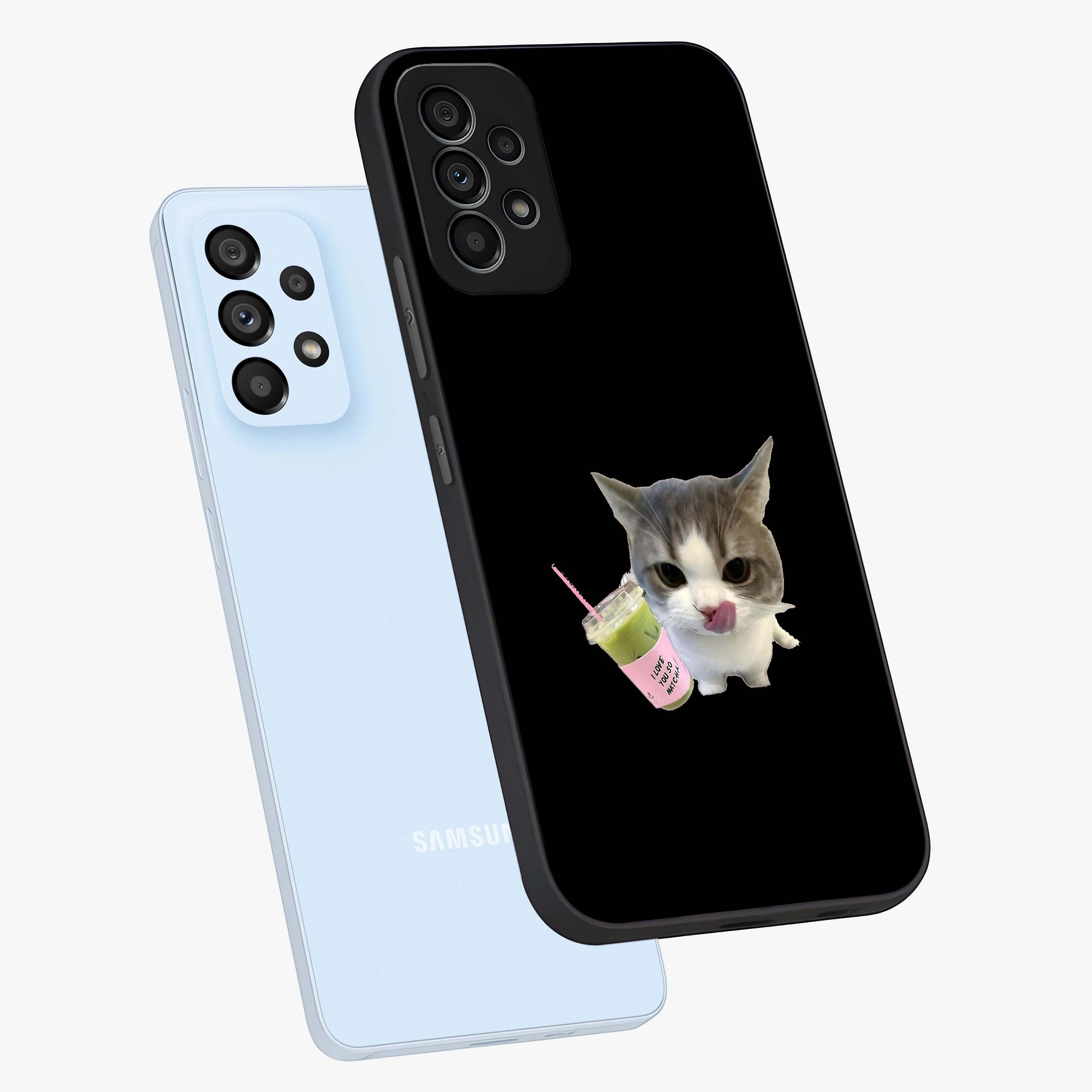 Matcha Cat Style Glass Case displayed in angled mockup highlighting playful feline design with pastel matcha aesthetic.