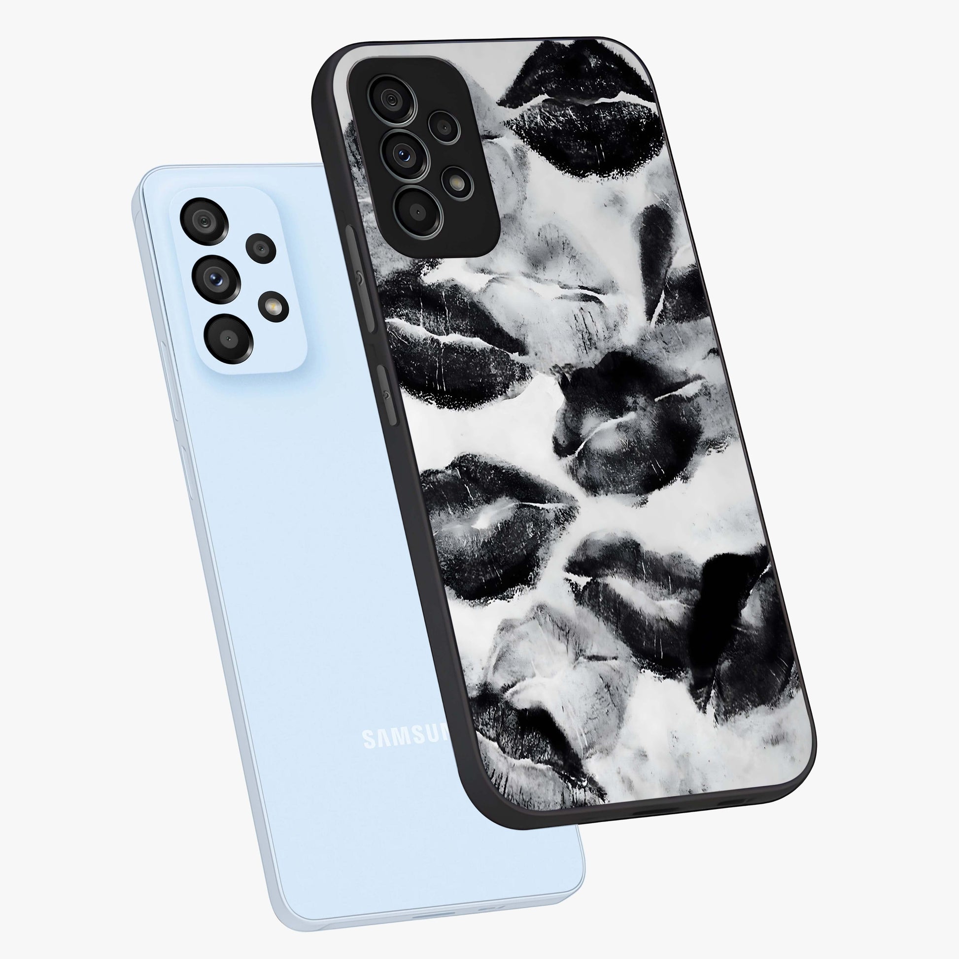 Midnight Kiss Marks Glass Case displayed in angled mockup highlighting playful romantic design with bold midnight aesthetic.
