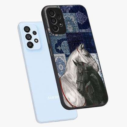 Midnight Stallion Blues Glass Case displayed in angled mockup highlighting powerful stallion illustration with deep midnight tones.