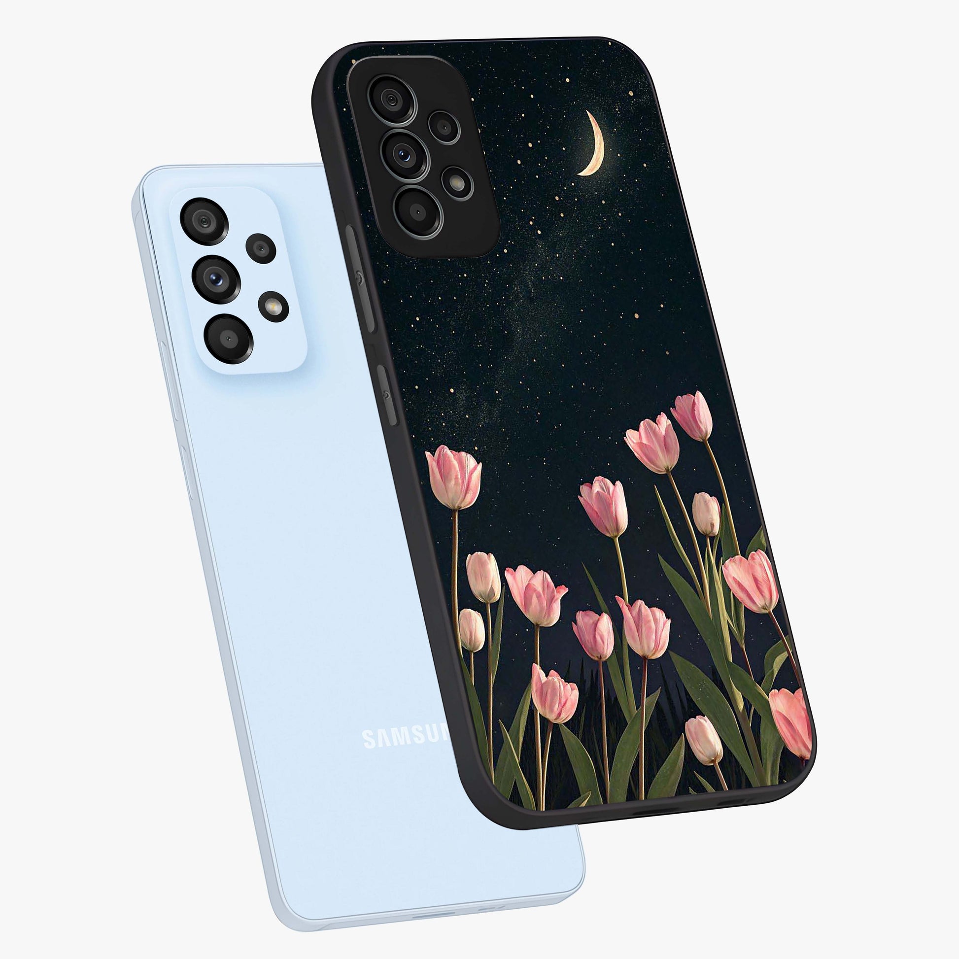 Midnight Tulip Whispers Vibe Glass Case displayed in angled mockup highlighting delicate tulip design with midnight floral aesthetic.