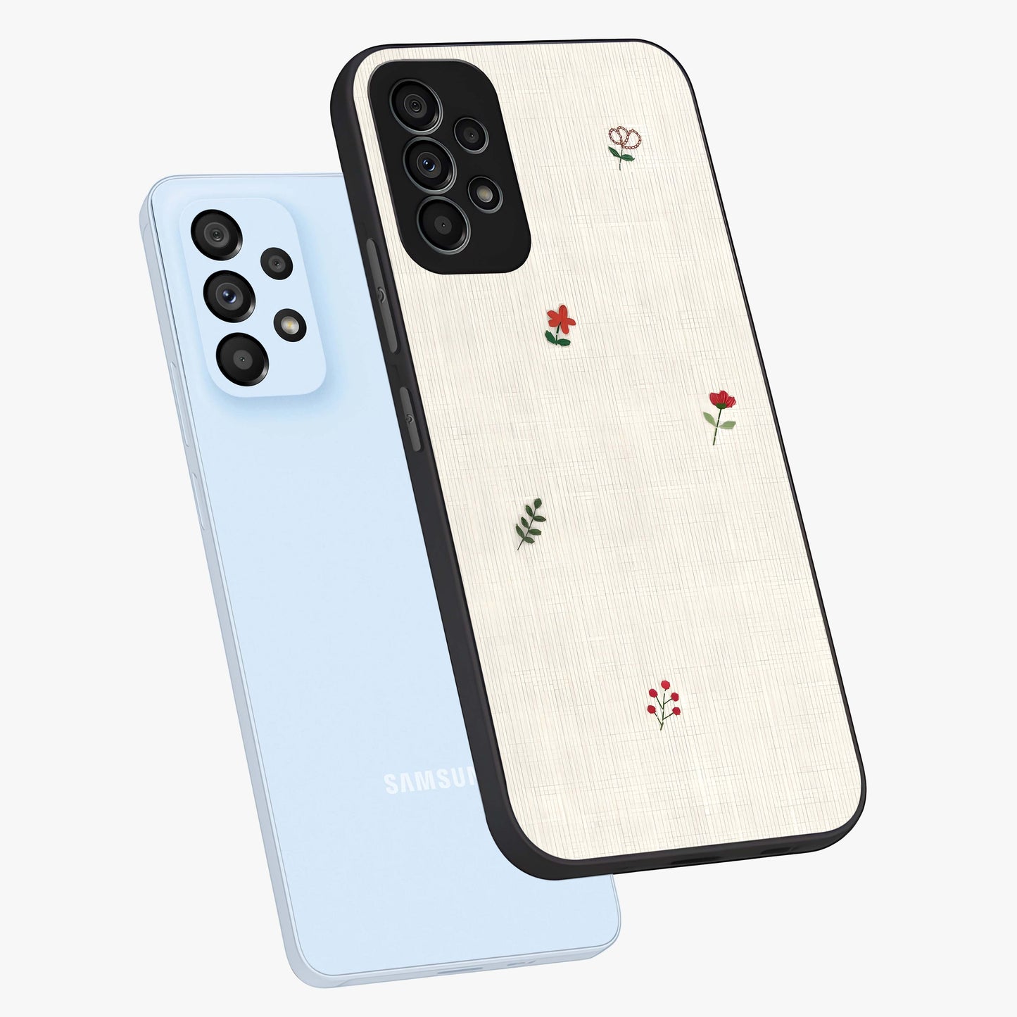 Minimalistic Blue With White Flower Pattern Glass Case displayed in angled mockup highlighting simple floral design with minimal aesthetic.