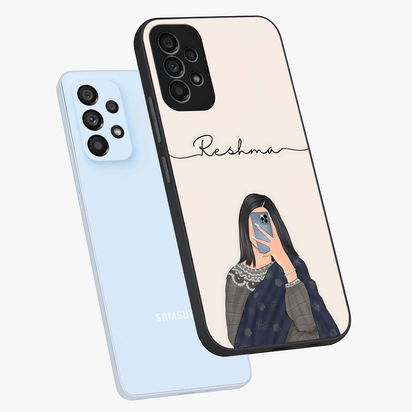 Mirror Mood Muse With Custom Name Glass Case displayed in angled mockup highlighting aesthetic mirror inspired design with custom name feature.