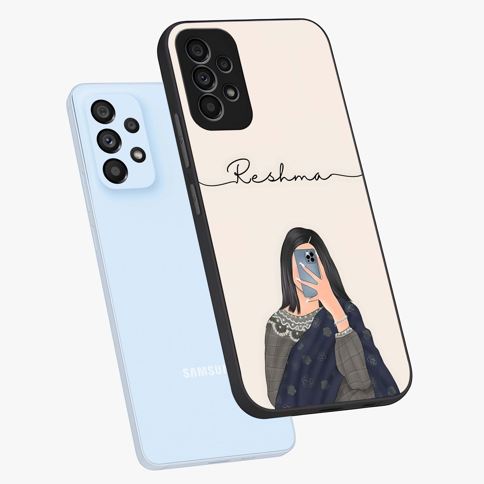 Mirror Mood Muse With Custom Name Glass Case displayed in angled mockup highlighting aesthetic mirror inspired design with custom name feature.