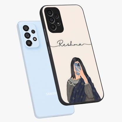 Mirror Mood Muse With Custom Name Glass Case displayed in angled mockup highlighting aesthetic mirror inspired design with custom name feature.