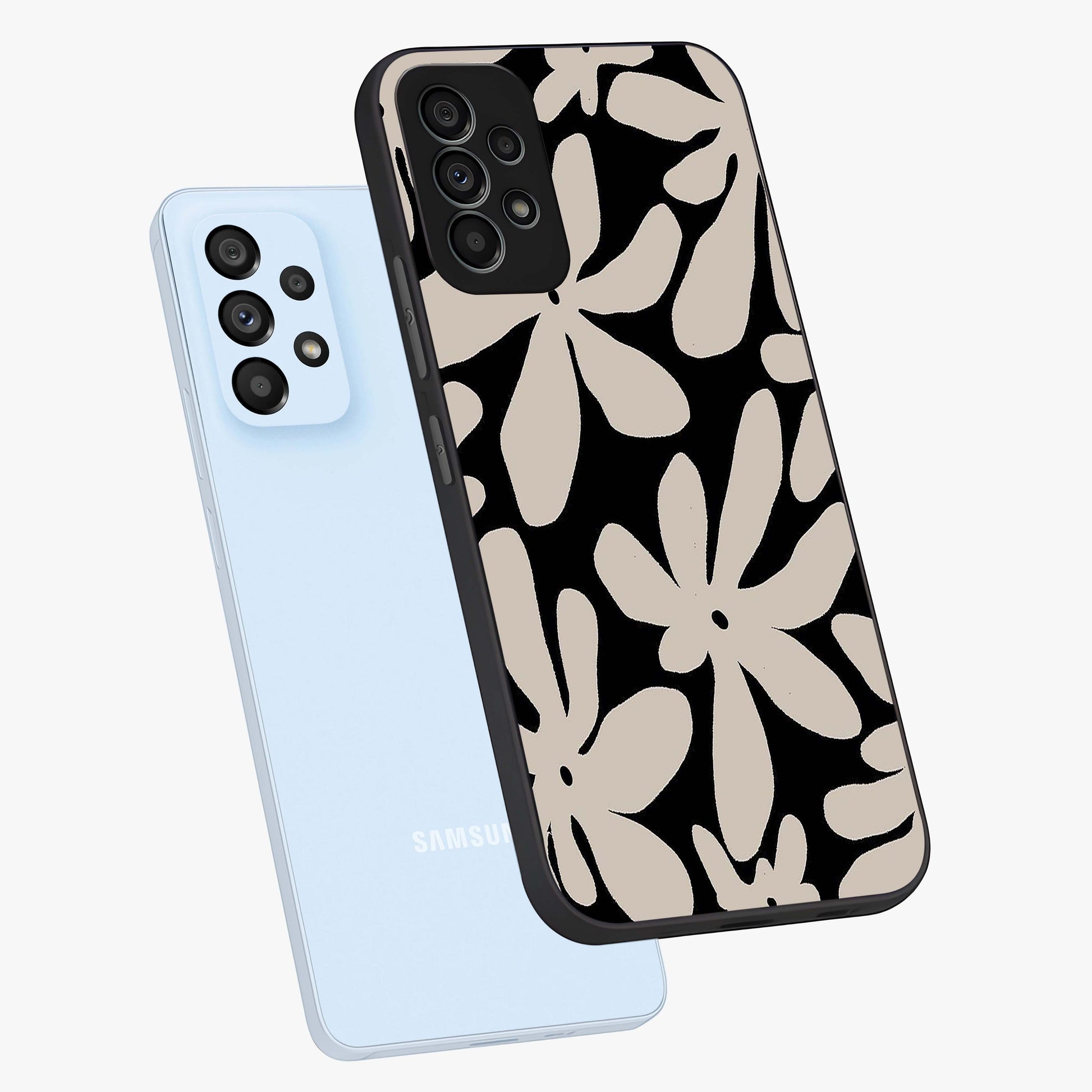 Monochrome Petal Dance Glass Case displayed in angled mockup highlighting elegant petal design with black and white aesthetic.