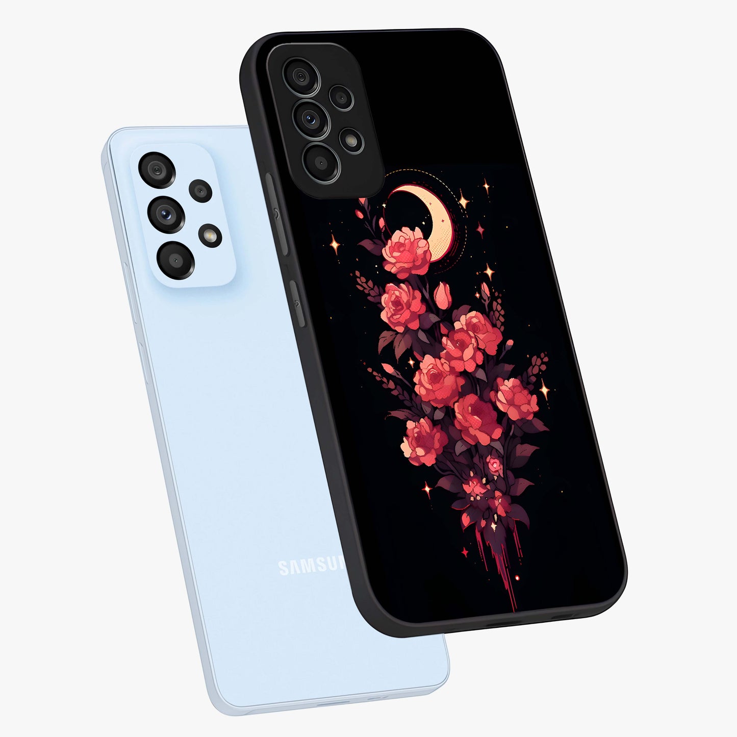 Moonlit Floral Elegance Glass Case displayed in angled mockup highlighting graceful flower design with soft moonlight aesthetic.