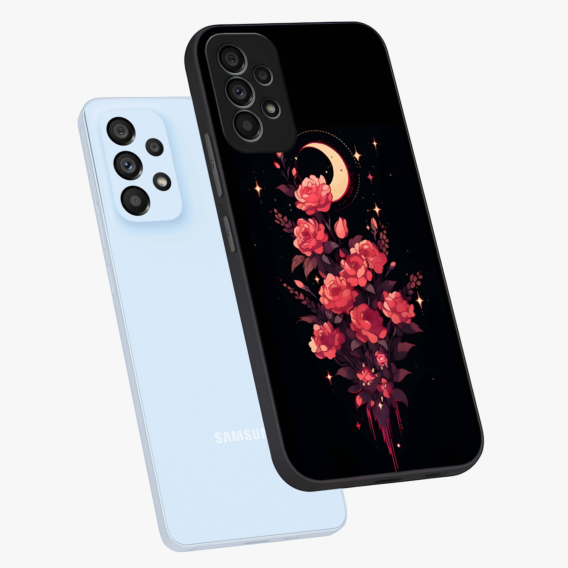 Moonlit Floral Elegance Glass Case displayed in angled mockup highlighting graceful flower design with soft moonlight aesthetic.