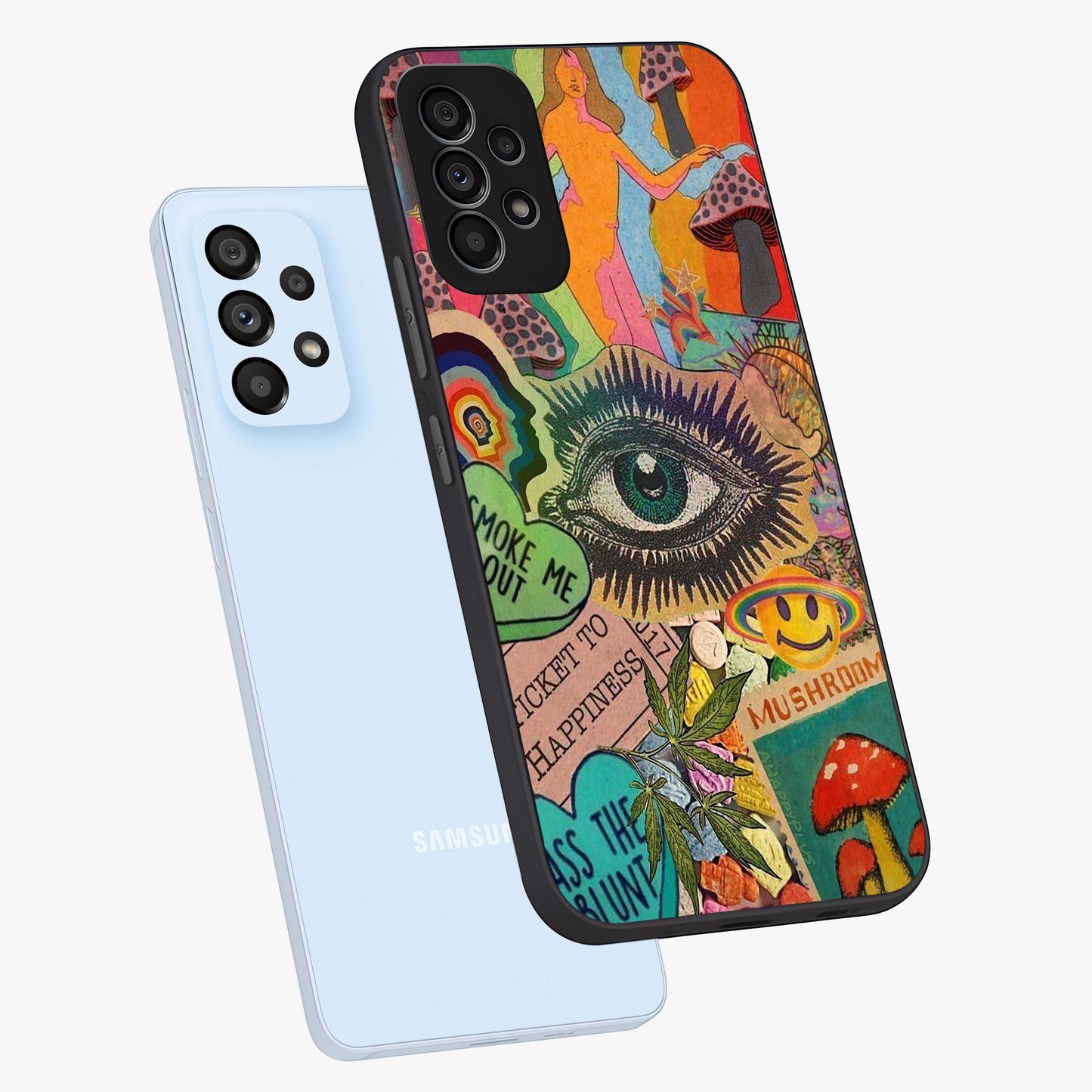 Mystic Eye Wonderland Glass Case displayed in angled mockup highlighting magical eye illustration with dreamy aesthetic.