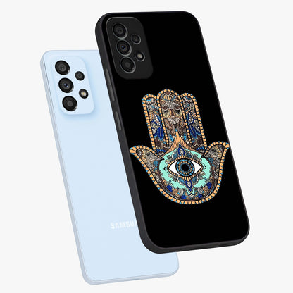 Mystic Hamsa Eye Glass Case displayed in angled mockup highlighting spiritual hamsa symbol with mystical aesthetic style.