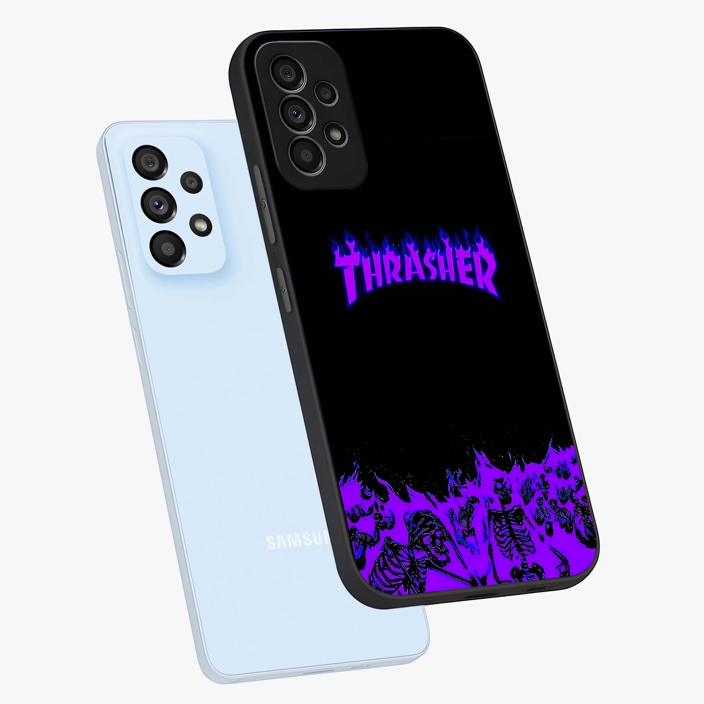 Neon Flame Riot Glass Case displayed in angled mockup highlighting glowing flame design with vibrant neon aesthetic.