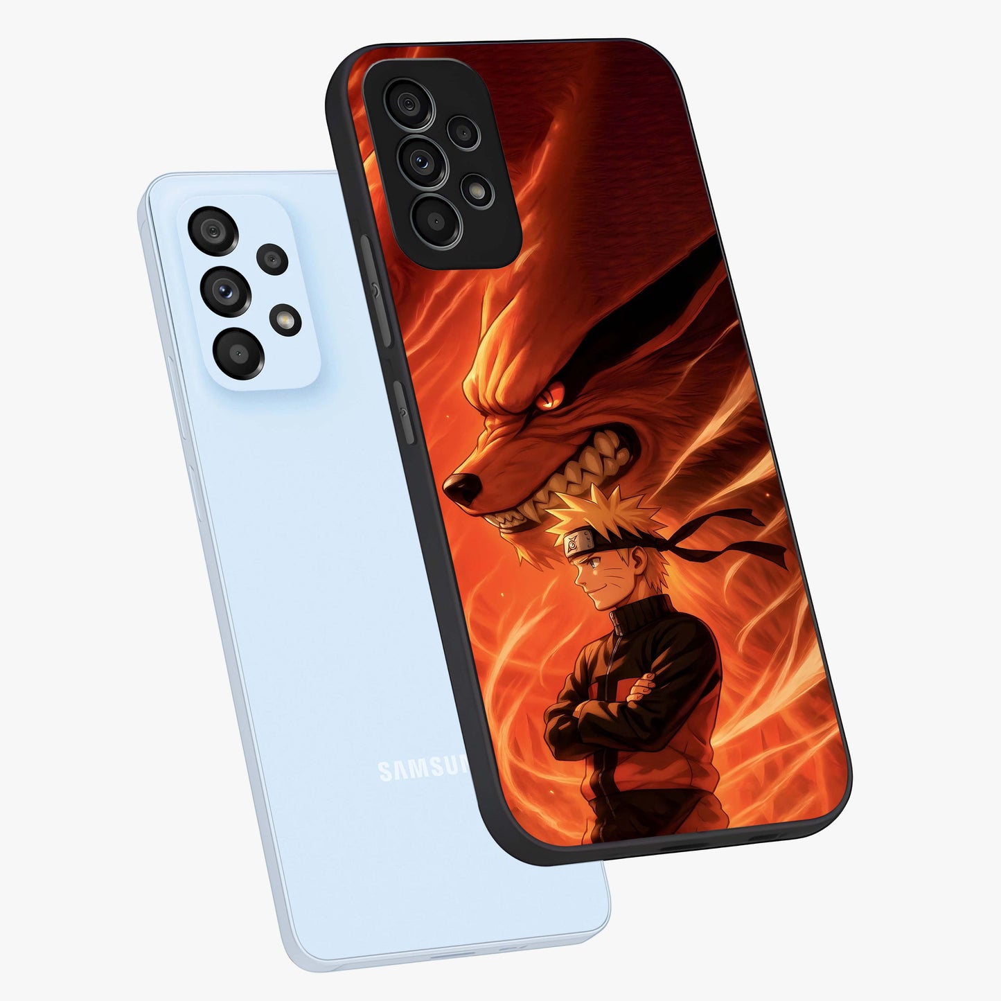 Nine Tails Legacy Glass Case displayed in angled mockup highlighting dynamic anime beast illustration with bold mystical aesthetic.