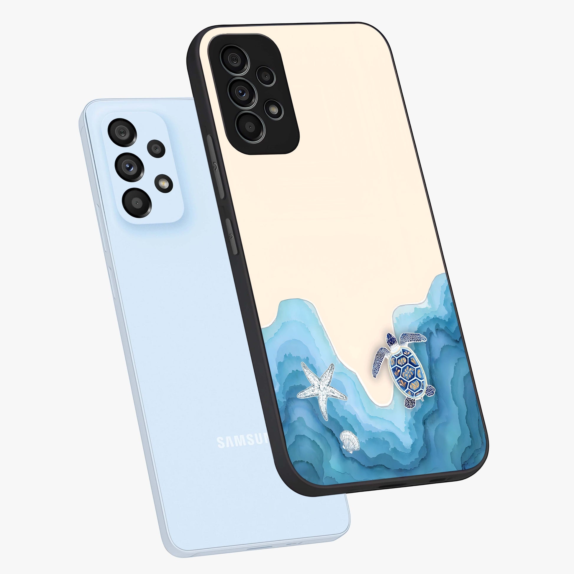 Ocean Drift Turtle Glass Case displayed in angled mockup highlighting peaceful ocean turtle illustration with marine aesthetic.
