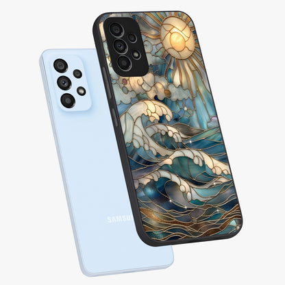 Oceanic Stained Printed Glass Case displayed in angled mockup highlighting colorful aquatic design with artistic aesthetic style.