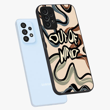 Out Of Mind Glass Case displayed in angled mockup highlighting bold statement design with modern artistic aesthetic.