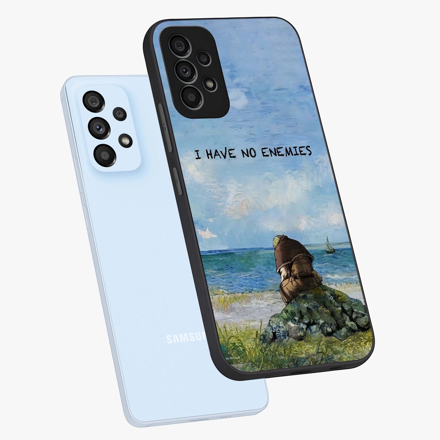 Peace Beyond War Glass Case displayed in angled mockup highlighting meaningful message design with artistic aesthetic style.