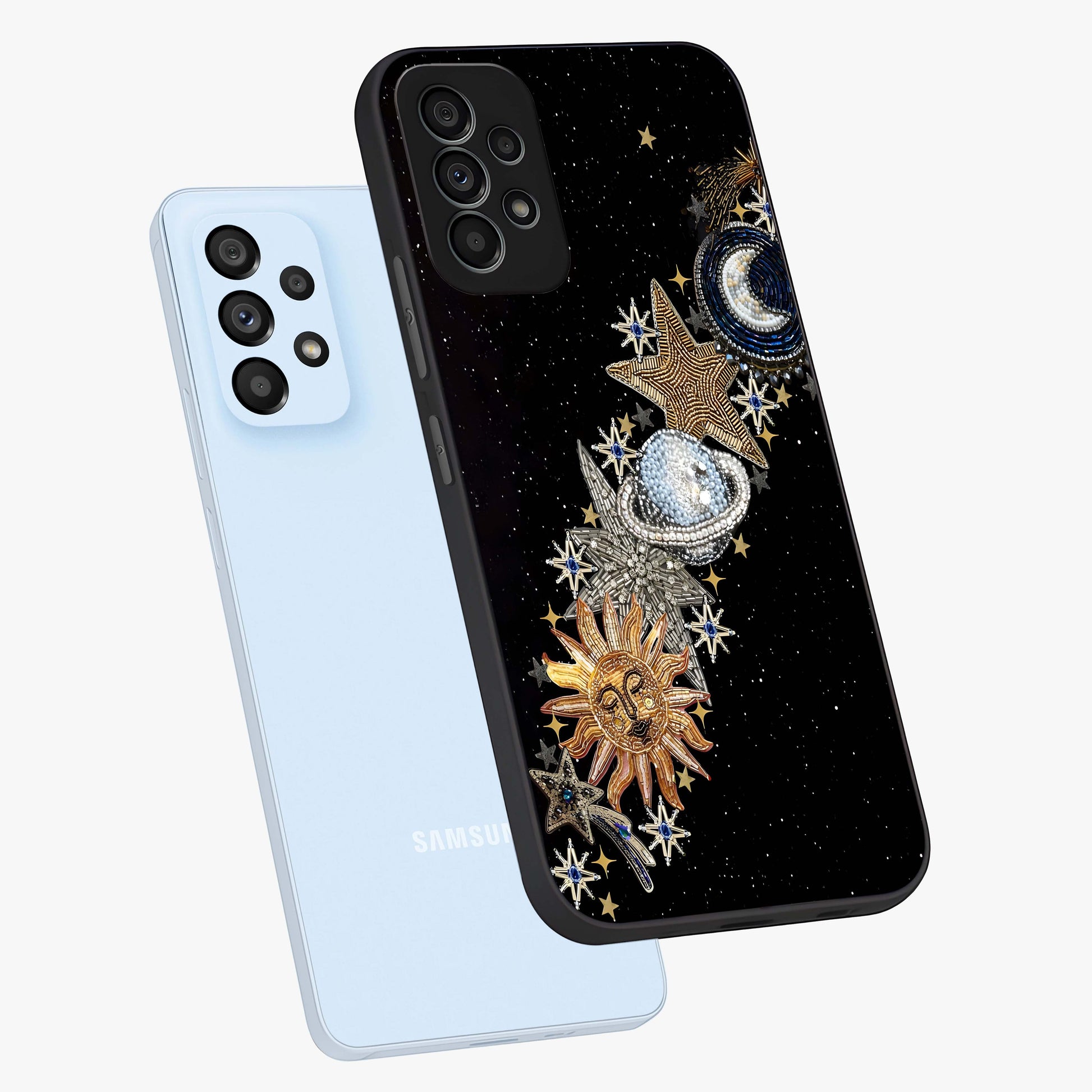 Pearls Universe Object Glass Case displayed in angled mockup highlighting celestial pearl design with dreamy aesthetic.