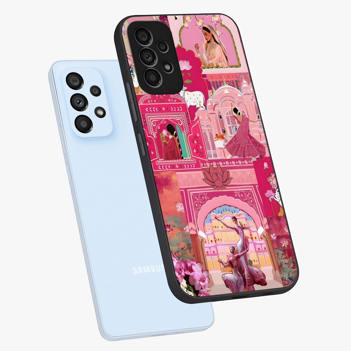 Pink Palace Muse Glass Case displayed in angled mockup highlighting dreamy palace illustration with soft pink aesthetic.