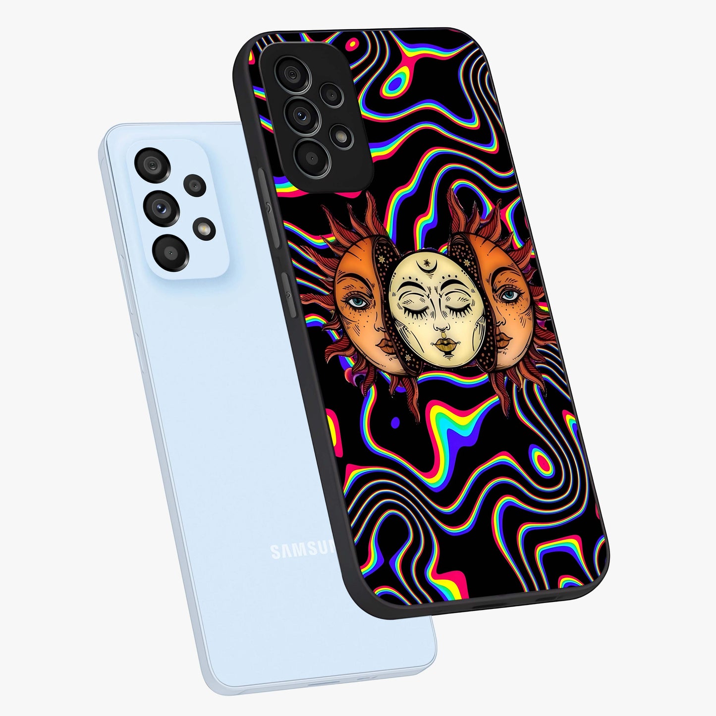 Psychedelic Sun Glass Case displayed in angled mockup highlighting vibrant abstract sun design with artistic aesthetic style.