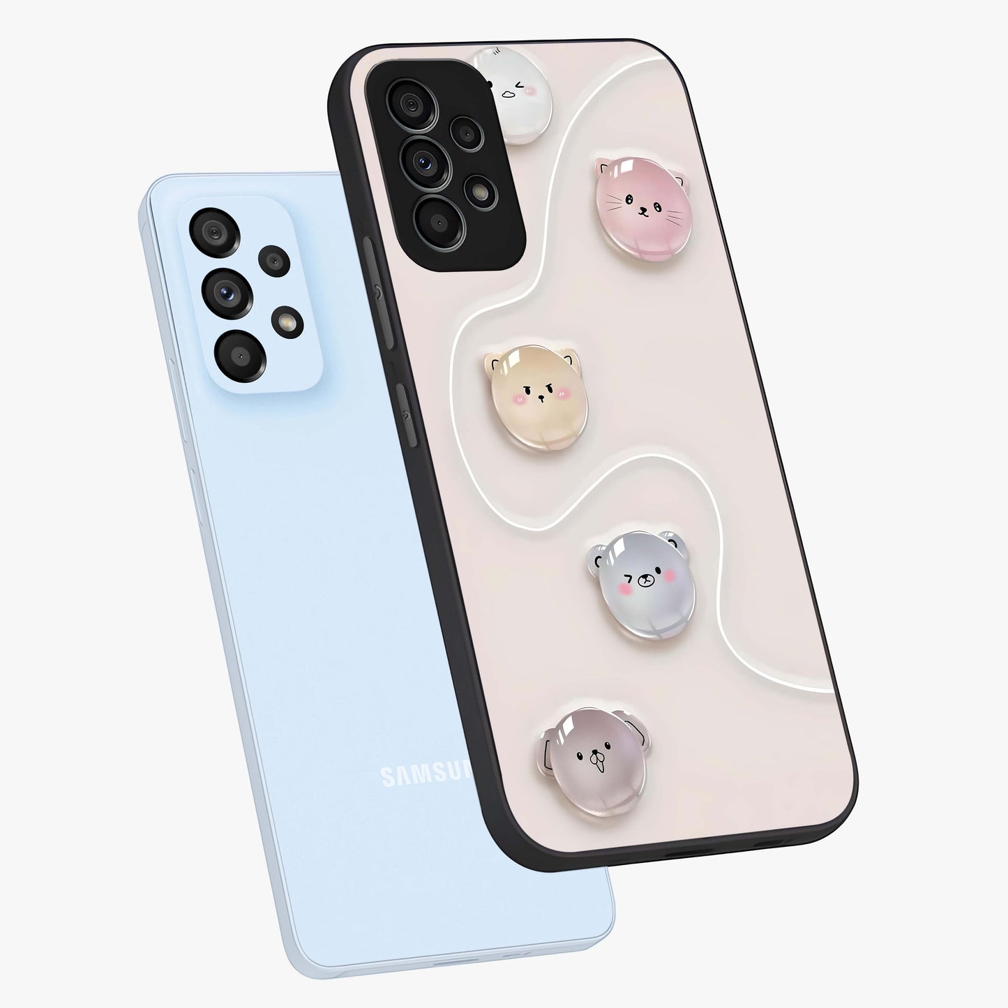 Puffy Face Parade Glass Case displayed in angled mockup highlighting playful cartoon face design with fun aesthetic.
