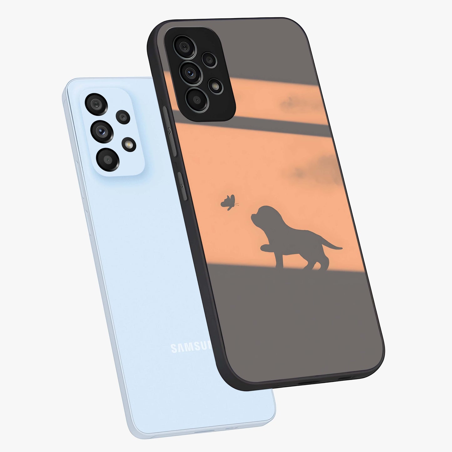 Puppy Shadow Art Glass Case displayed in angled mockup highlighting playful dog illustration with artistic shadow aesthetic.