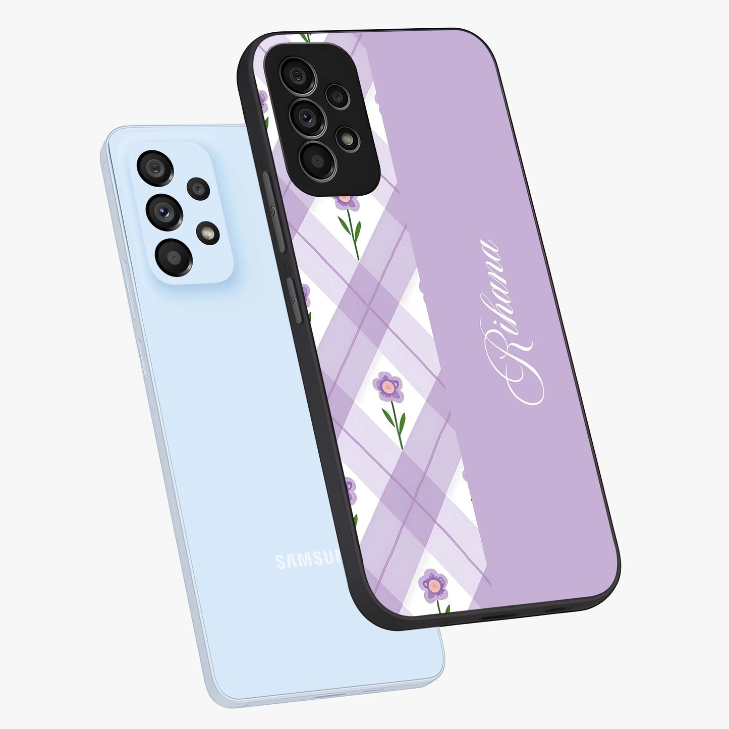 Purple Diamond Floral Glass Case displayed in angled mockup highlighting elegant purple flower design with decorative pattern.