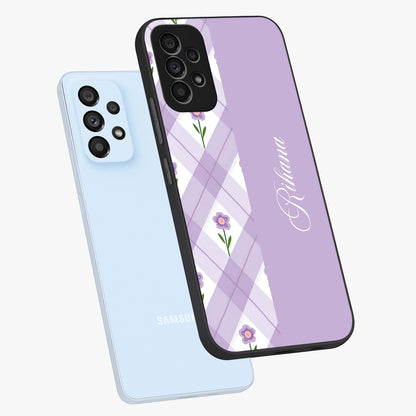 Purple Diamond Floral Glass Case displayed in angled mockup highlighting elegant purple flower design with decorative pattern.