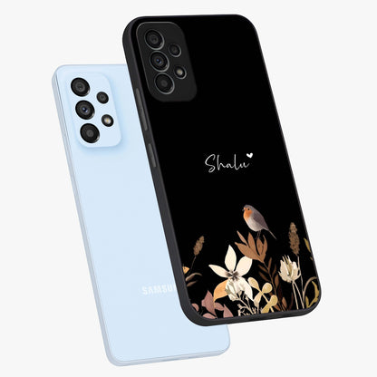 Quiet Garden Tune Custom Name Glass Case displayed in angled mockup highlighting delicate floral garden design with custom name feature.