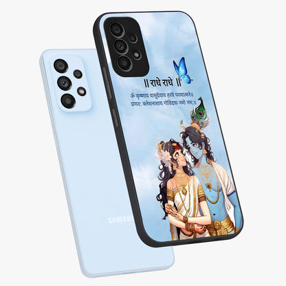 Radha Krishna Eternal Glass Case displayed in angled mockup highlighting divine Radha Krishna illustration with spiritual aesthetic.