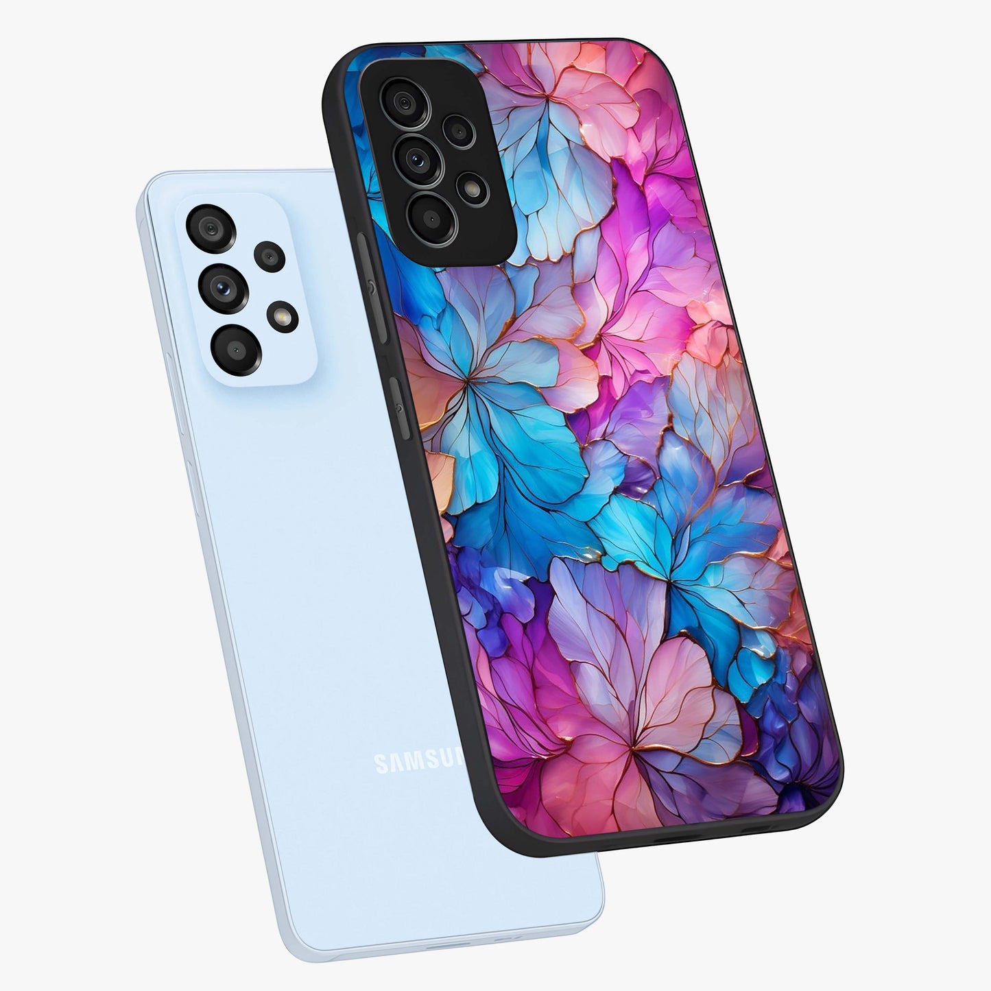 Radiant Floral Whirl Glass Case displayed in angled mockup highlighting vibrant flower pattern with dynamic artistic aesthetic.