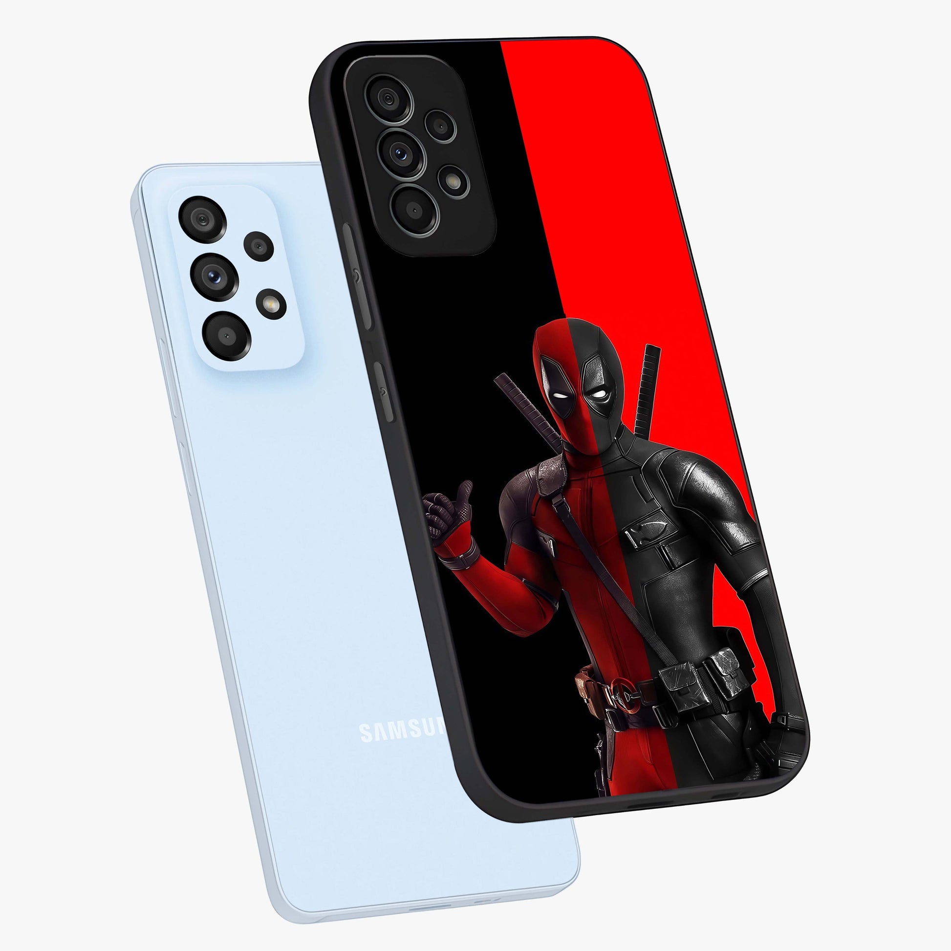 Red & Black Deadpool Theme Glass Case displayed in angled mockup highlighting vibrant superhero style illustration with action aesthetic.