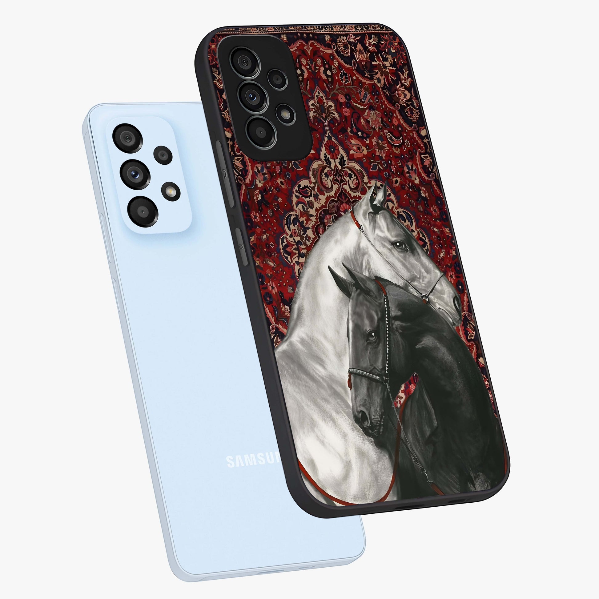 Regal Stallion Tapestry Glass Case displayed in angled mockup highlighting royal stallion design with decorative heritage aesthetic.