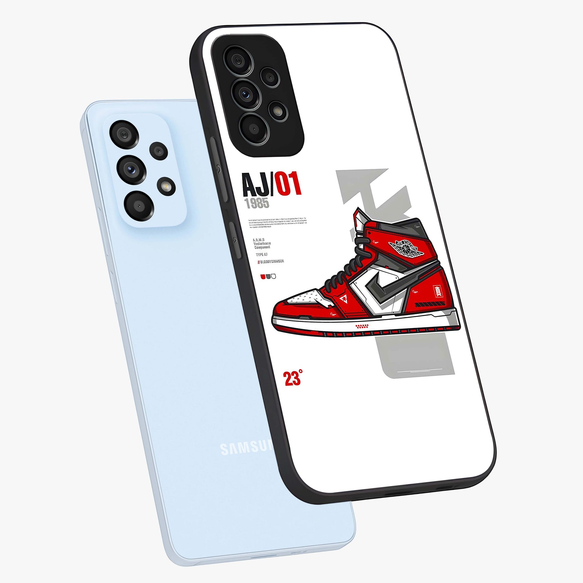 Retro Sneaker Blueprint Glass Case displayed in angled mockup highlighting detailed shoe design with sporty retro aesthetic.
