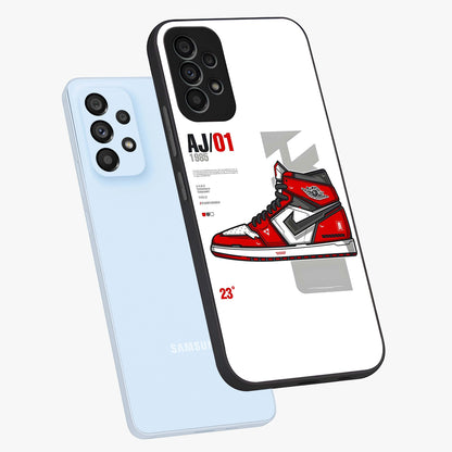 Retro Sneaker Blueprint Glass Case displayed in angled mockup highlighting detailed shoe design with sporty retro aesthetic.