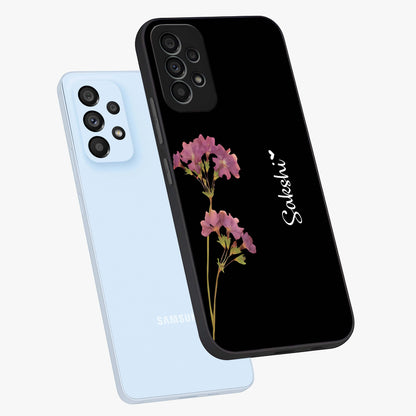 Riching Lavender Flower Custom Name Glass Case displayed in angled mockup highlighting delicate lavender flower design with custom name feature.