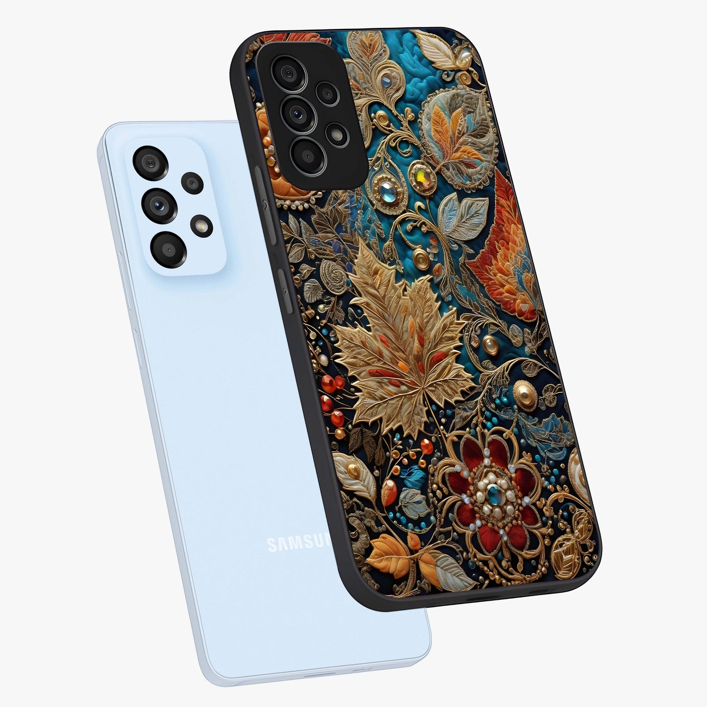 Royal Jewel Garden Glass Case displayed in angled mockup highlighting vibrant jewel inspired floral design with elegant aesthetic.