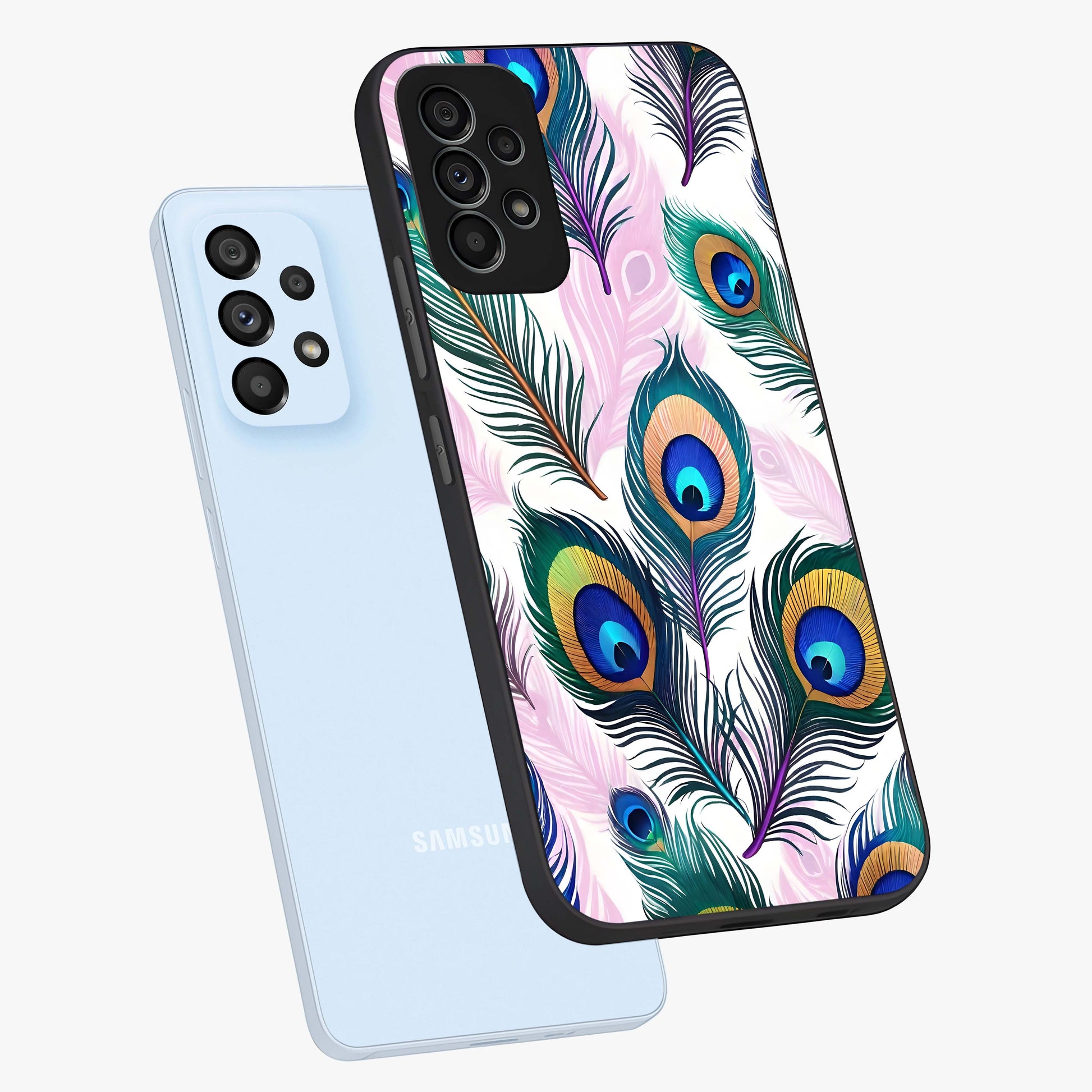 Royal Peacock Feathers Glass Case displayed in angled mockup highlighting vibrant feather pattern with regal aesthetic style.