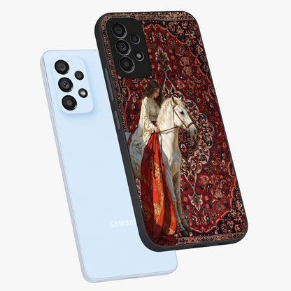 Royal Rider Tapestry Glass Case displayed in angled mockup highlighting traditional tapestry design with royal heritage aesthetic.