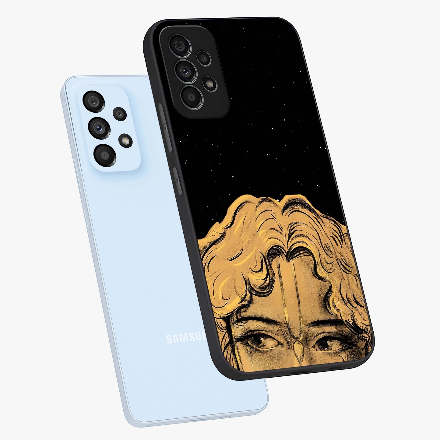 Shri Krishna Art Glass Case displayed in angled mockup highlighting spiritual Krishna illustration with divine aesthetic.