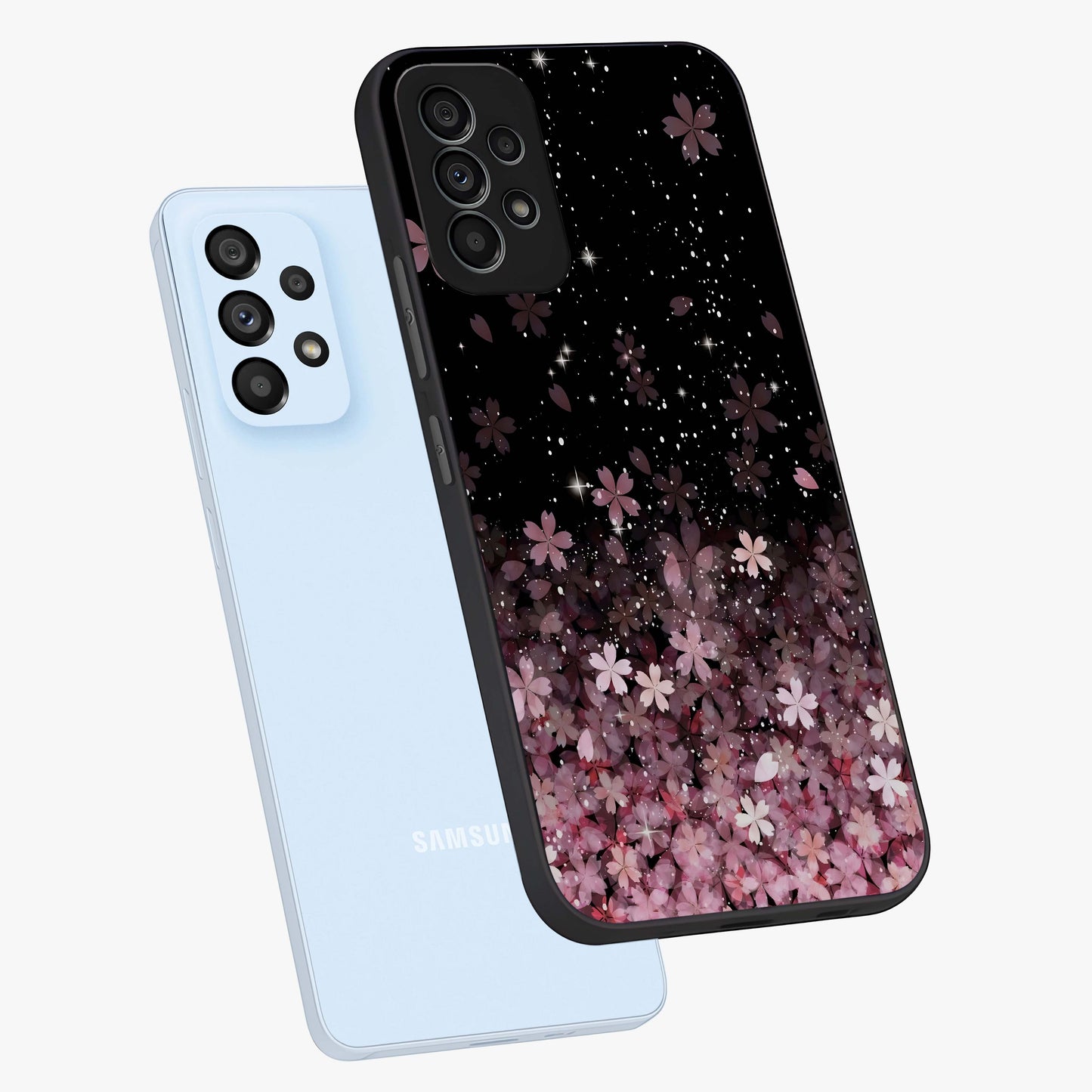 Small Starry Flowers Glass Case displayed in angled mockup highlighting tiny flower pattern with celestial aesthetic style.
