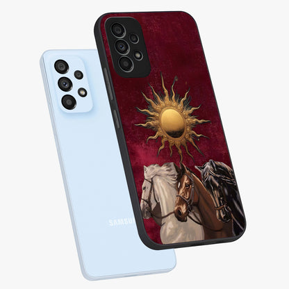 Solar Riders Glass Case displayed in angled mockup highlighting powerful rider illustration with radiant solar aesthetic.
