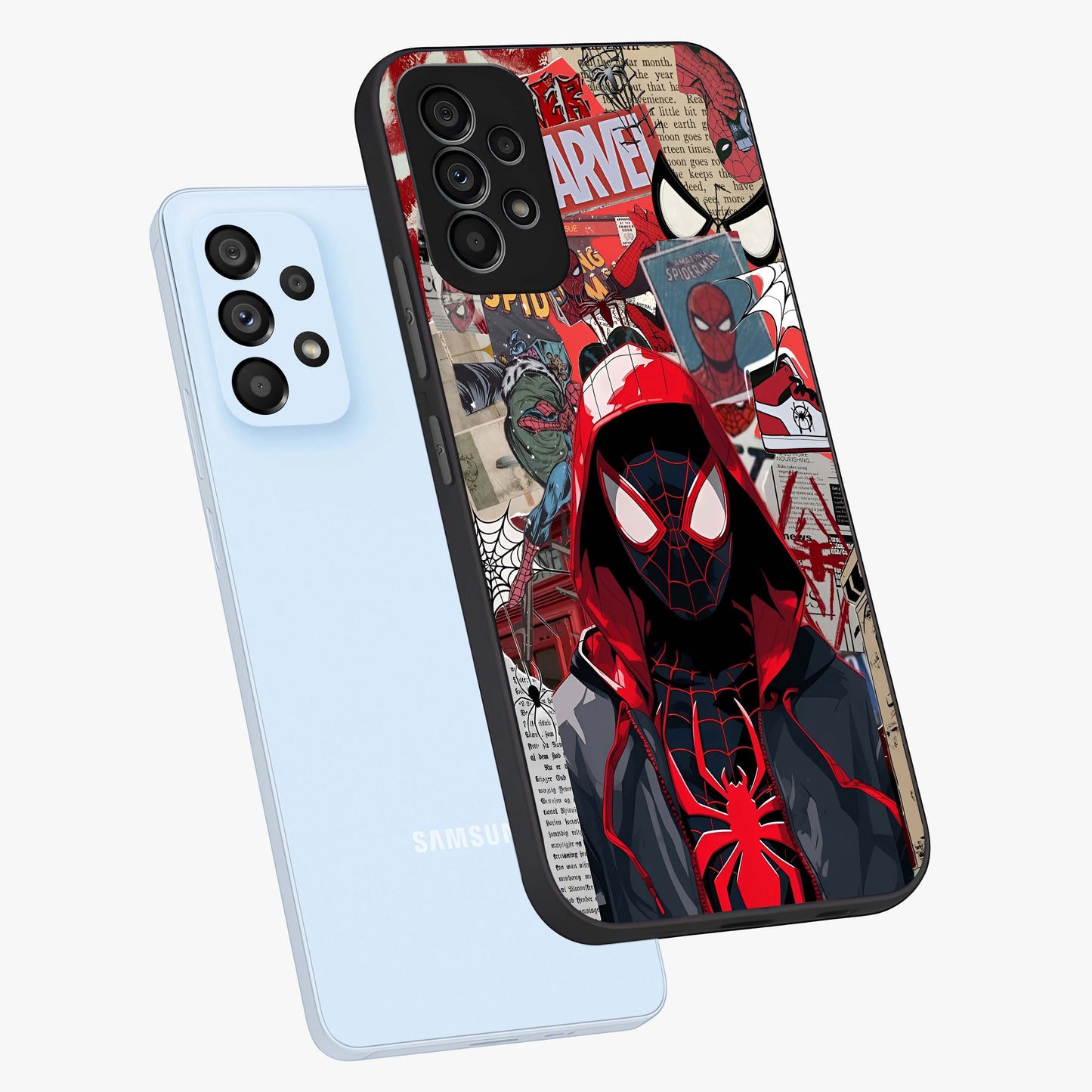 Spider Collage Street Glass Case displayed in angled mockup highlighting dynamic street style collage design with comic aesthetic.