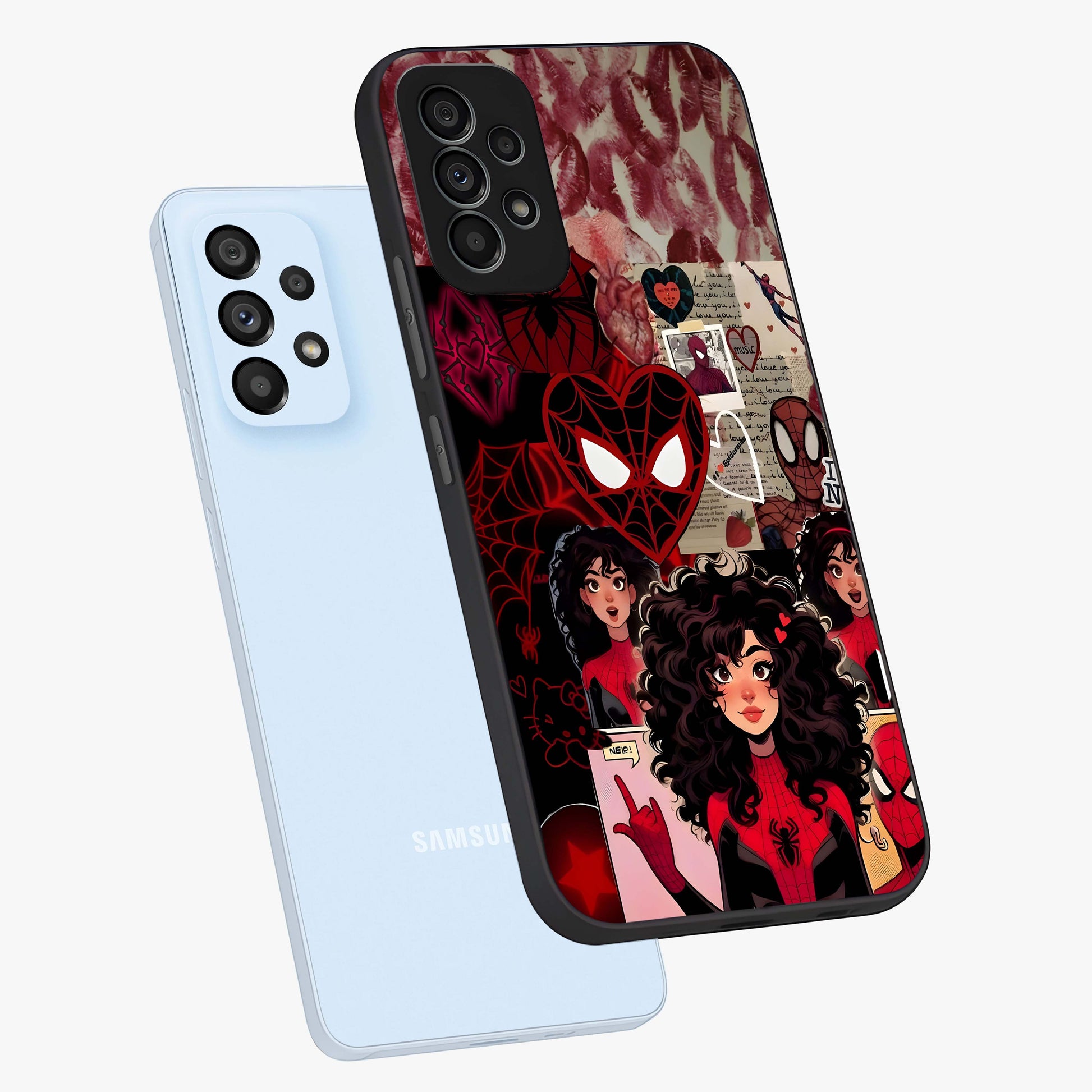 Spider Love Story Glass Case displayed in angled mockup highlighting expressive comic inspired design with playful aesthetic.
