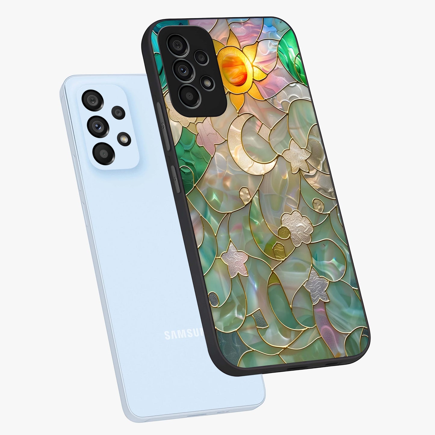 Stained Sunrise Glow Glass Case displayed in angled mockup highlighting radiant sunrise design with artistic aesthetic style.
