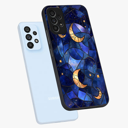 Starlit Sky Tapestry Glass Case displayed in angled mockup highlighting celestial night pattern with artistic aesthetic style.
