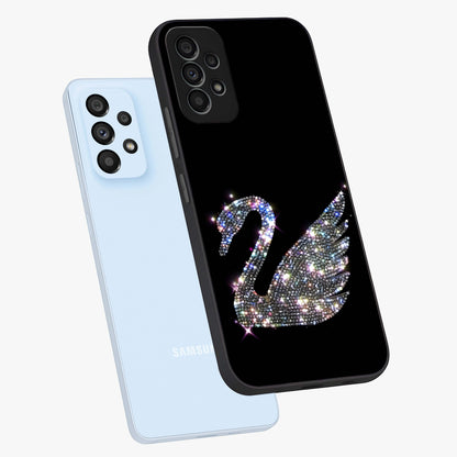 Starlit Swan Grace Glass Case displayed in angled mockup highlighting elegant swan illustration with dreamy celestial aesthetic.