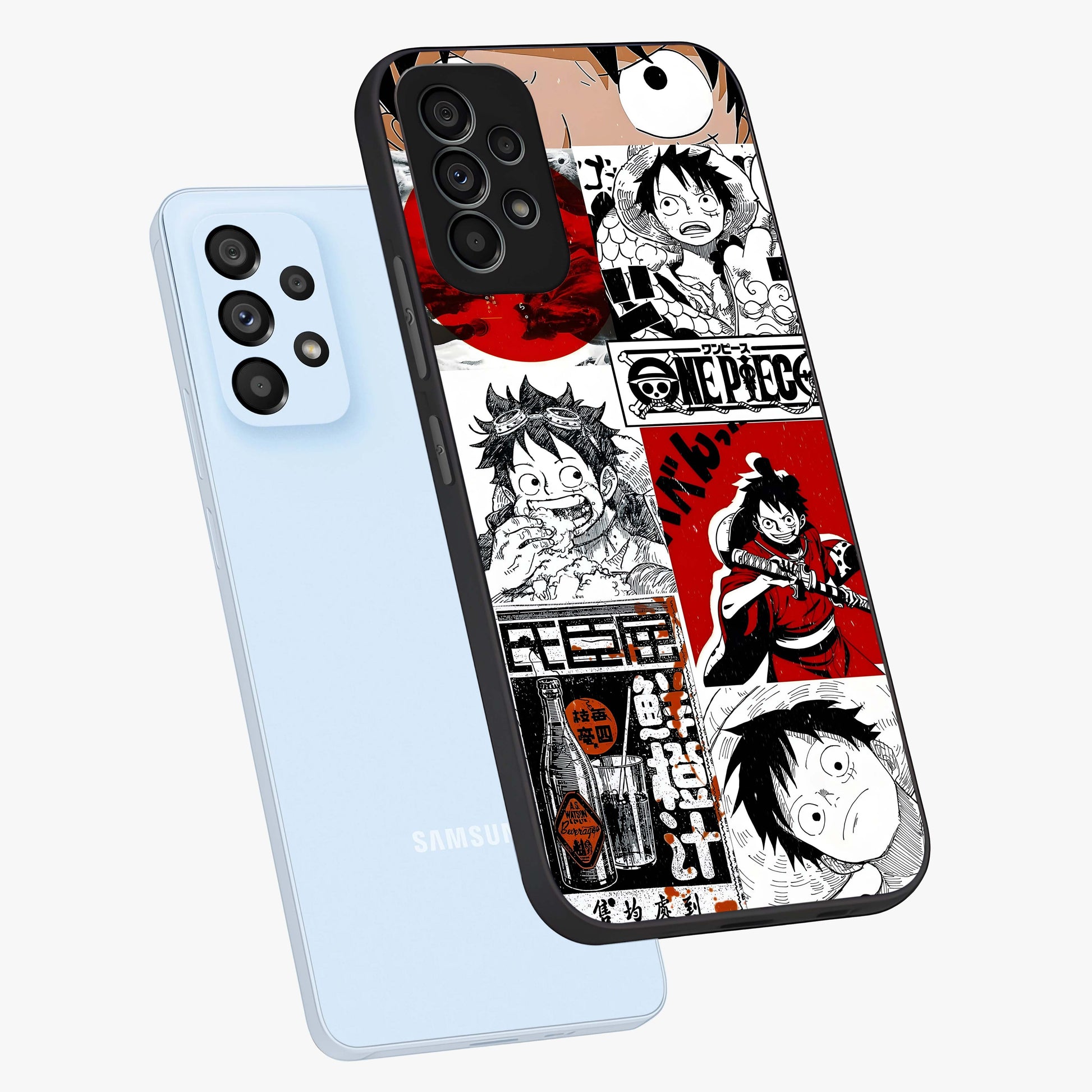 Strawhat Chaos Panels Glass Case displayed in angled mockup highlighting vibrant anime collage design with action aesthetic.